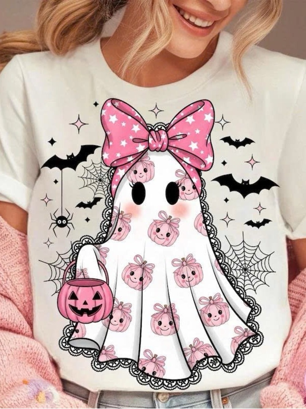 Gildan White Kids Halloween Ghost Tee with Pink Bow and Pumpkins